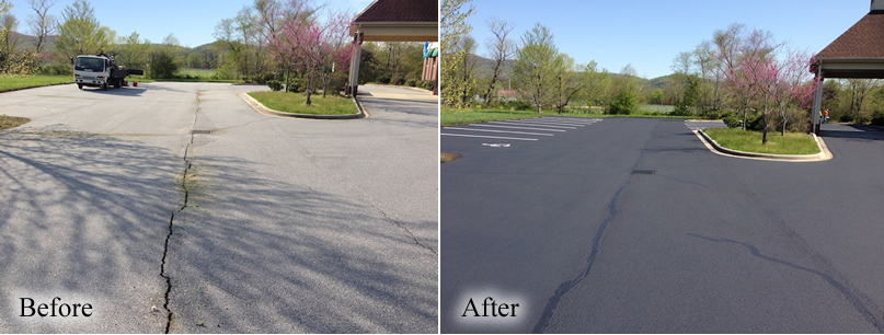 Parking lot seal coated - before and after. Hot pour crack fill, sealcoat, lines repainted.
